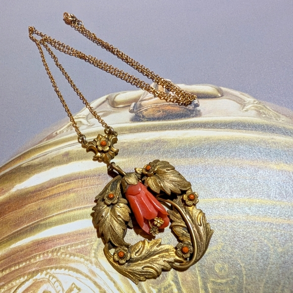 Art Nouveau Era Carved Coral Lavaliere Necklace ~ Antique - Picture 2 of 7